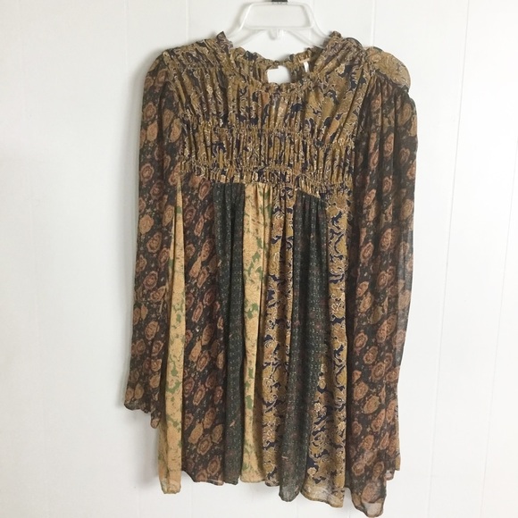 Free People Merrie Mixed Print Tunic Top Long Sleeve Smocked Boho Small - Picture 4 of 7